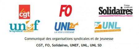 Communiqué des organisations syndicales et de jeunesse CGT, FO, Solidaires, UNEF, UNL
